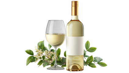 White wine bottle and glass with greenery on a black background