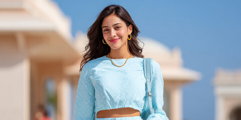 young indian woman tourist standing against tourist destination