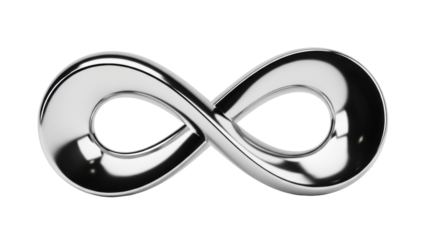 Shiny metallic infinity symbol isolated PNG on transparent background, eternal loop shape for graphic design and decoration