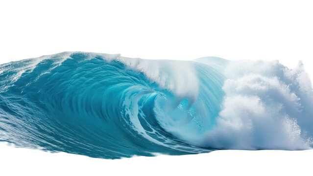 Powerful ocean wave PNG isolated on transparent background, turquoise water curl with foam for surfing and marine themed designs