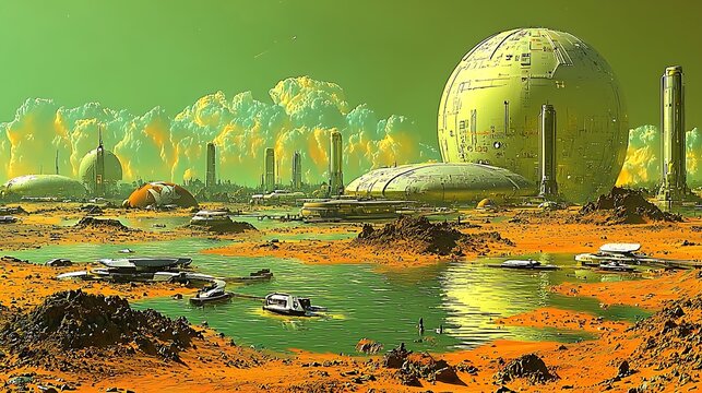 Futuristic Alien Colony on an Exoplanet: Green Water, Orange Landscape, and Sci-Fi Structures