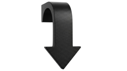 Black curved arrow pointing down isolated PNG, 3D render of a simple direction sign for graphic design and wayfinding