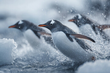 Fototapeta premium Gentoo penguin leaping into icy water with splashing droplets and blurred background, showing dynamic movement and cold environment in Antarctic wildlife scene