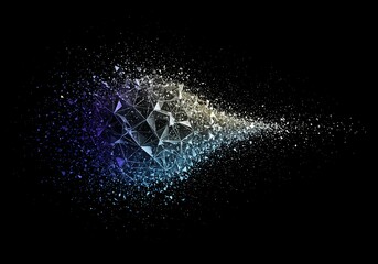 Ordered geometric structure dissolving into chaotic, scattered particles against a dark void, representing physical entropy and universal decay, time, universal, abstract