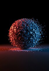 Perfect geometric shape dissolving into scattered fragments on a conceptual dark void, representing the fundamental physical law of rising entropy, particles, process, destruction