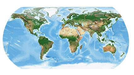 World map in Winkel tripel projection isolated PNG, showing continents and oceans, geographical representation on transparent background © Maria