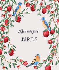 Botanical frame with bluebird and pomegranate plant branch