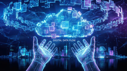 Obraz premium Digital data flow human hands connecting to future technology glowing innovations in a block environment