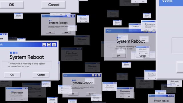 Flying System Reboot Message Notifications Seamless Loop and Overlapping Windows on a Digital Screen