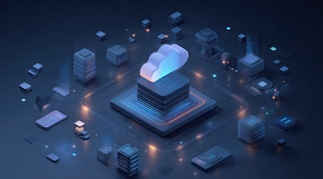 Futuristic digital illustration of a glowing cloud symbol atop a server, surrounded by data elements