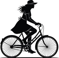 Obraz premium Woman riding bicycle silhouette, wide-brim hat, flowing hair, classic bike, leisure motion, black design, minimal style, outdoor, freedom, elegance