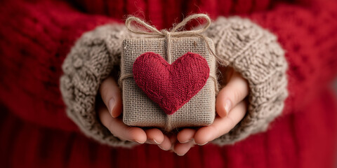 Cozy Close-Up of Hands Offering Natural Gift Box With Knitted Heart Attached on Red Background Rustic Valentine's Day Love Present Romantic Gesture