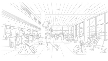 Obraz premium Line Art Illustration of Airport Terminal with People and Luggage