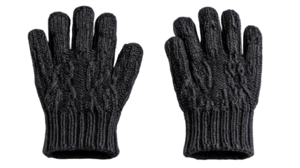 A pair of black knitted winter gloves is isolated on white, providing warm winter protection and a fashion accessory for cold weather with nobody wearing this two finger object