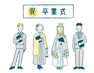 卒業式に、卒業証書を持って立つ学生男女4人のイラスト
