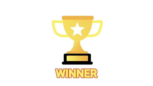 Animated gold trophy cup appearing with Winner text in flat design style.
