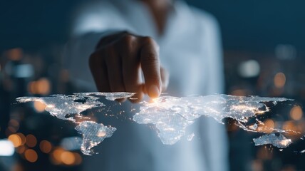 globe navigation investment concept. A hand reaching out to touch a digital world map, symbolizing connectivity and global access.