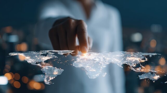 globe navigation investment concept. A hand reaching out to touch a digital world map, symbolizing connectivity and global access. - Powered by Adobe