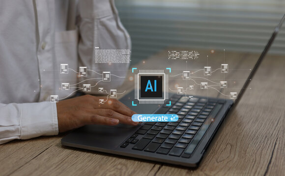 Businessman typing on laptop working generative AI interface, data flow automation icons, Concept artificial intelligence data processing digital transformation, business solutions modern technology - Powered by Adobe
