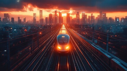 Majestic sunset over city skyline with high-speed train traveling on railway tracks in vibrant orange and blue hues, reflecting urban modernity and movement