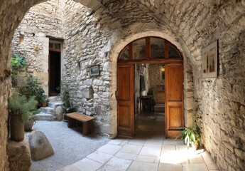 Obraz premium Stone-walled courtyard featuring arched doorways, wooden doors, and potted plants