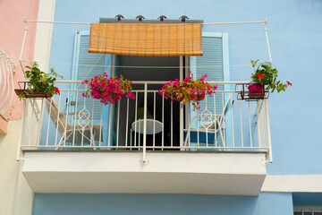 View of a balcony with a terrace on the island of Procida, Campania, Italy.