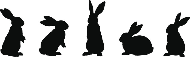 Black rabbit silhouettes collection, cute bunny wildlife animal vector illustration set, sitting standing and upright poses isolated on white background © SreeRupali