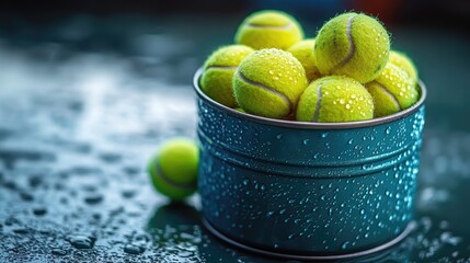 Freshly Gathered Tennis Balls in a Tin Bucket with Water Droplets on a Dark Background, Perfect for Sports, Fitness, and Recreation Themes