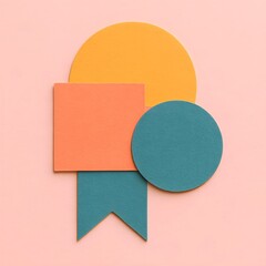 Abstract arrangement of geometric shapes in warm orange, teal, and yellow on a soft pink textured background, creating a modern minimalist composition.