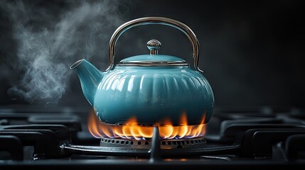 Elegant teal kettle on stovetop with swirling steam and vibrant flames showcasing a cozy and inviting kitchen atmosphere