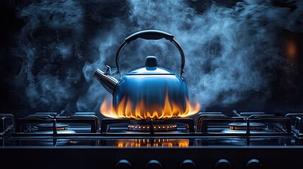 Steam Rising from a Blue Metal Kettle on a Gas Stove with Flames in a Dark Kitchen Environment