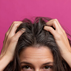 Fototapeta premium Stressed woman with hands on head against pink background