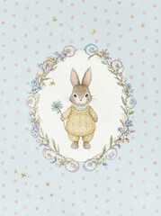 Naklejka premium Whimsical watercolor nursery animal art print. Cute bunny and goose illustration, soft pastel pink gingham background, vintage floral wreath, children room decor