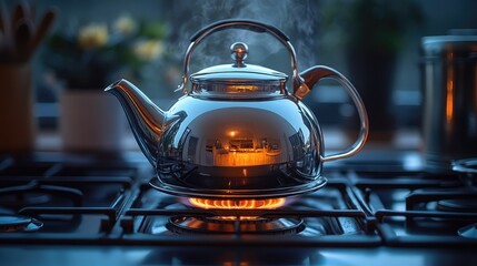 Elegant silver kettle with steam rising on a gas stove, reflecting cozy kitchen ambiance, perfect for warm beverage preparation and home cooking scenarios