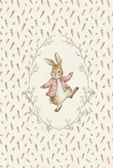 Obraz premium Whimsical watercolor nursery animal art print. Cute bunny and goose illustration, soft pastel pink gingham background, vintage floral wreath, children room decor