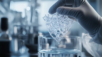 Researcher Examining a Transparent Biomaterial Sponge Floating in Liquid in a High-Tech Laboratory