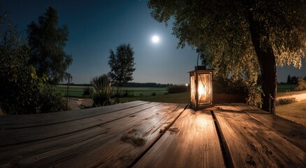 Obraz premium Illuminated lantern on a wooden table, under a full moon at night, in a rural setting