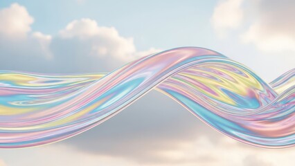 Iridescent Liquid Wave Swirling Through Cloudy Sky Soft Pastel Colors Abstract Flowing Design