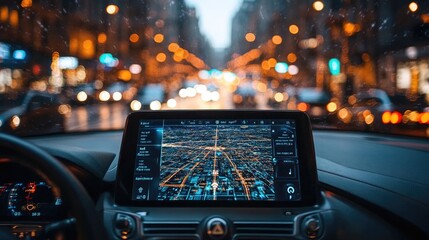 Nighttime City Drive with Focus on Modern Navigation Display in Car, Soft Bokeh Background with City Lights and Reflections on Windshield