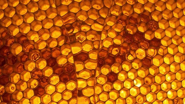 Close-up view of a beautifully patterned honeycomb filled with golden honey, showcasing the intricate hexagonal structures and glistening liquid, highlighting the artistry of nature.