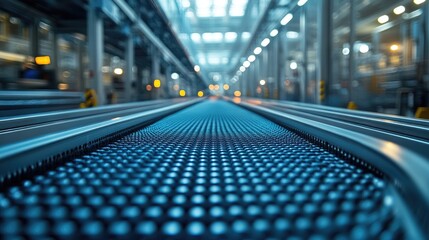 Industrial conveyor system with blue surface and blurred factory background highlighting technology and automation in modern manufacturing environments
