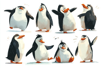 Obraz premium Cartoon penguin characters in various playful poses and expressions, featuring simple geometric shapes and vibrant colors, creating cheerful and lively atmosphere