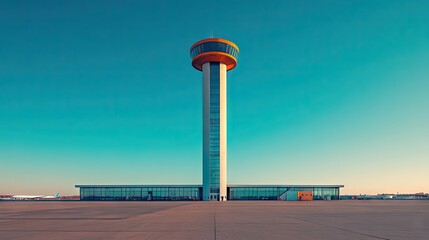 Modern Airport Control Tower and Terminal with Clear Blue Sky and Expansive Concrete Apron in a Contemporary Transportation Hub Setting