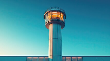 Modern airport control tower under a clear blue sky, showcasing architecture and technology in aviation with a vibrant sunset glow in the background