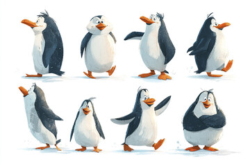 Obraz premium Cartoon penguin characters in various playful poses and expressions, featuring simple geometric shapes and vibrant colors, creating cheerful and lively atmosphere