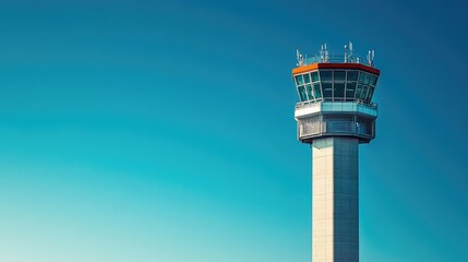 Modern Air Traffic Control Tower with Clear Blue Sky and Bright Sunlight Overhead, Symbolizing Aviation and Safety in the Transportation Industry