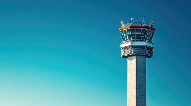 Modern Air Traffic Control Tower with Clear Blue Sky and Bright Sunlight Overhead, Symbolizing Aviation and Safety in the Transportation Industry