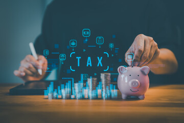 Person saving money in piggy bank with digital tax icons and coin stacks. Financial planning, tax payment, and investment concept for business and wealth management.