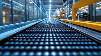 Detailed View of a Modern Conveyor System Inside a Warehouse with Bright Lighting and Smooth Rolling Surface