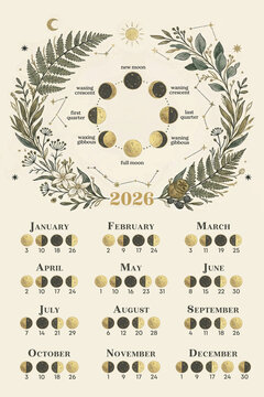 2026 lunar calendar wall art. Moon phases illustration with botanical wreath, boho celestial design, astrology inspired printable decor poster